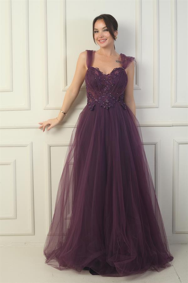 Robe de soirée princesse pour femme, décolleté en V devant et dos, manches tombantes doublées et broderie appliquée sur le haut