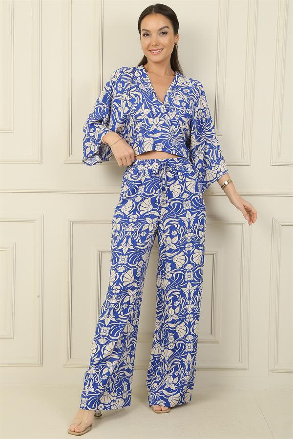Front and Back V-Neck Crop Top, Elastic Waistband, Pocketed Palazzo Pants, Floral 2-Piece Set