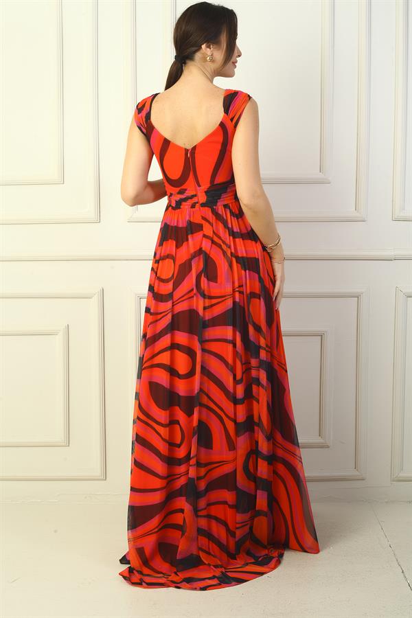 Women's Front and Back V-Neck Lined Abstract Patterned Tulle Long Dress