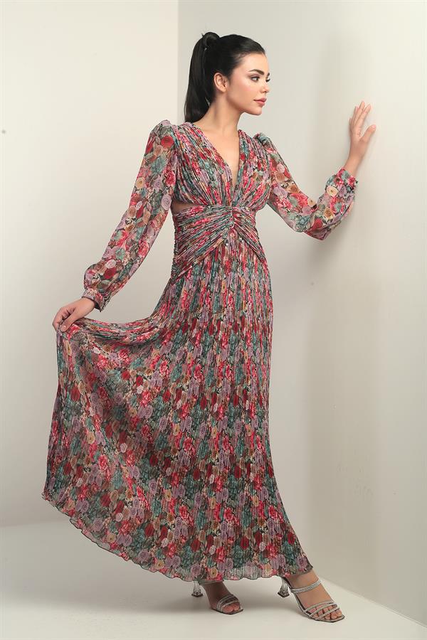 Robe longue en mousseline plissée à col en V doublée et à motifs floraux pour femme