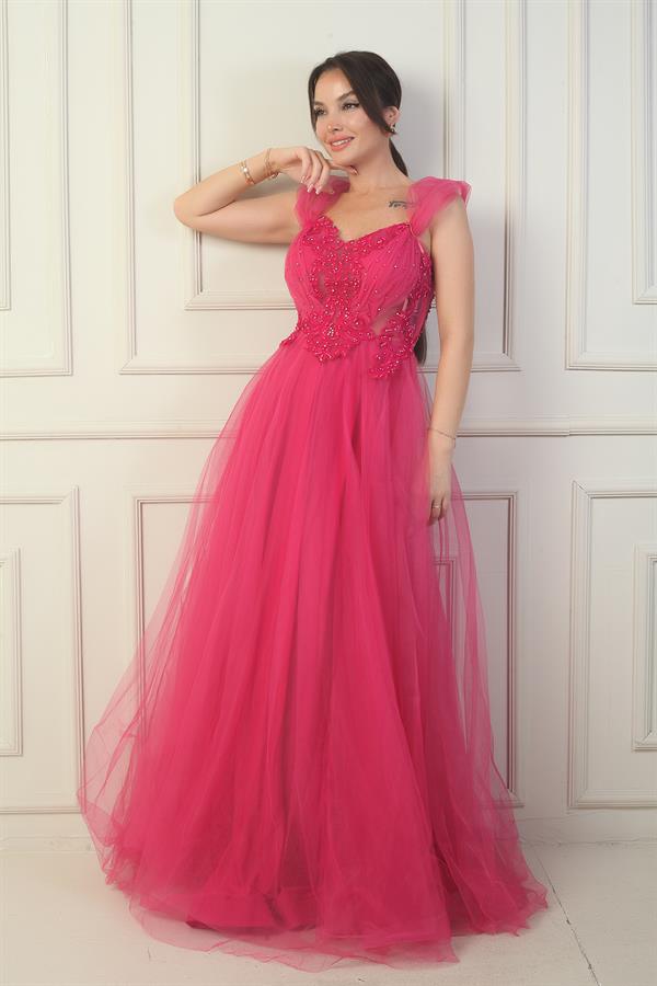 Robe de soirée princesse pour femme, décolleté en V devant et dos, manches tombantes doublées et broderie appliquée sur le haut