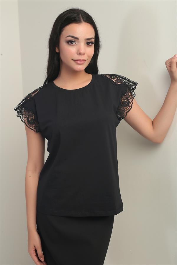 Women's Round Neck Short Lace Sleeve Lycra Blouse