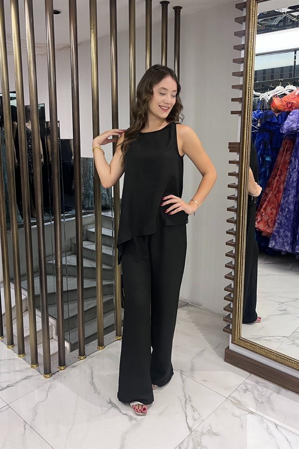 Kadın  Toka Detaylı Eteği Asimetrik Bluz Beli Lastikli Cepli Palazzo Pantolon Keten 2'li Takım