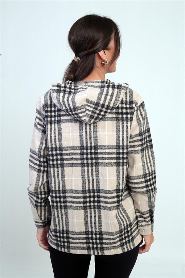 Chemise à capuche pour femme, motif à carreaux, poches à boutons métalliques