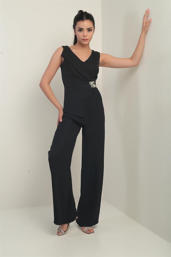 Kadın Ön Arka V Yaka Üst Yelek Görünümlü Bol Paça Tulum