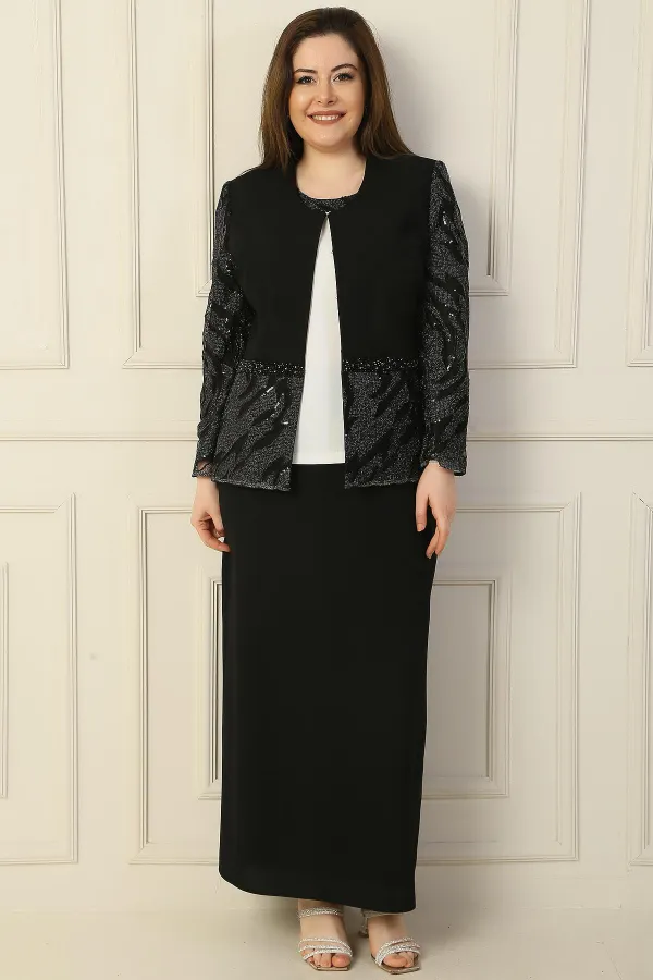 İçi Yarım Ay Kol Bluz Pul NakışişlemeBoncuk Detaylı Ceket Etek Astarlı Büyük Beden 3'lü Takım