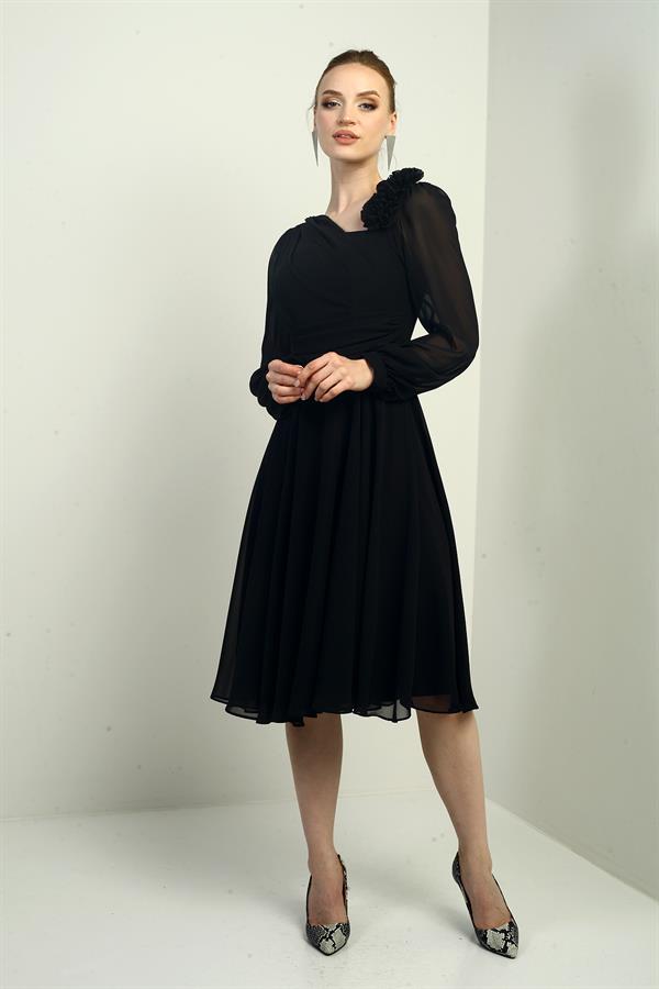 Robe midi en mousseline doublée à manches longues et détails floraux pour femme