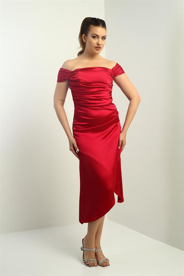 Kadın Madonna Yaka Drapeli Asimetrik Saten Kısa Elbise