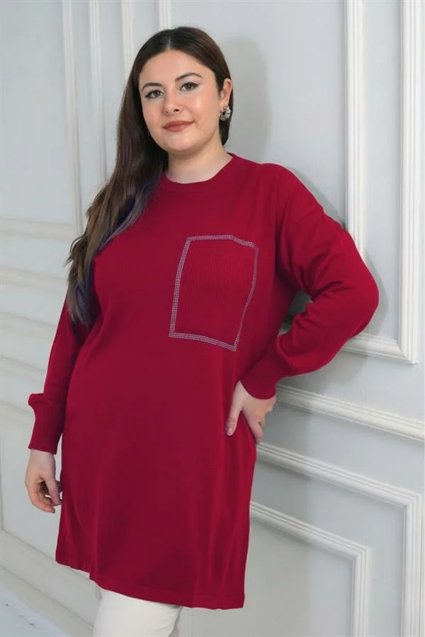 Blouse tunique en maille grande taille pour femme, à une poche avant et imprimé pierre.
