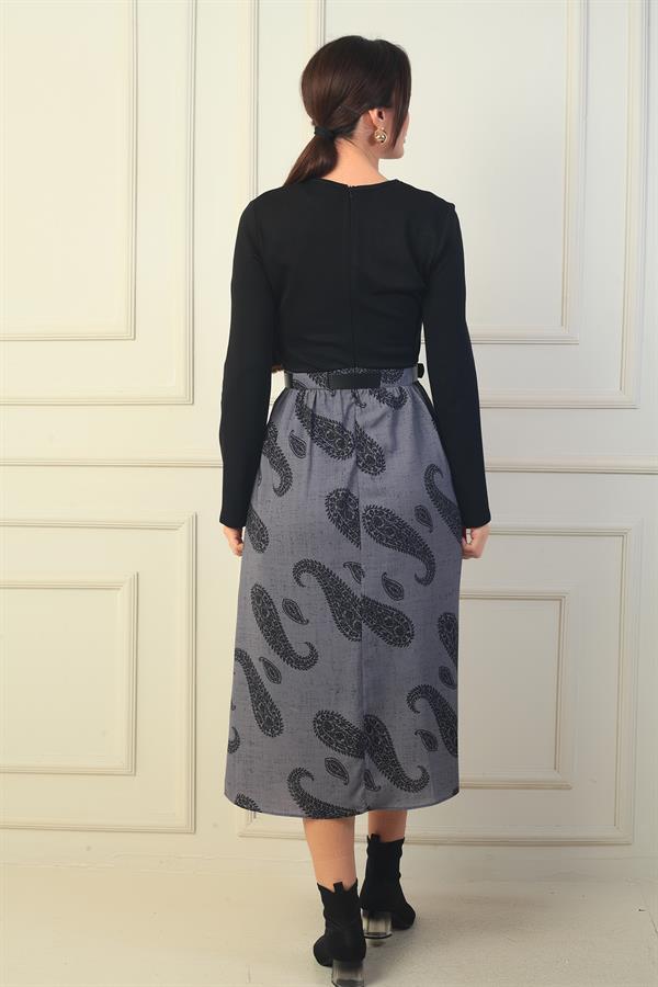 Kadın Beli Kemerli Eteği Şal Desenli Astarlı Elbise