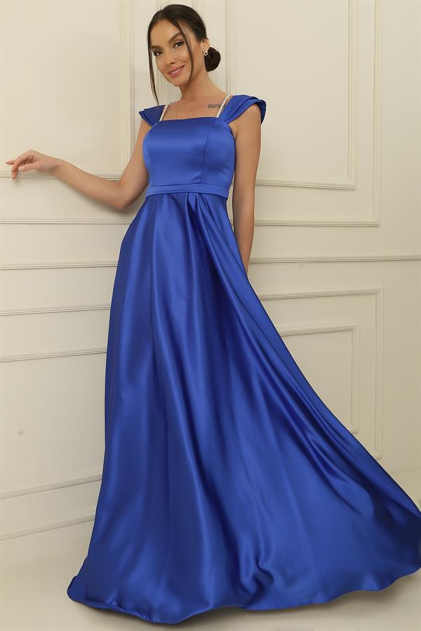 Strappy, Stone-Detailed, Square Neck, Lined Long Satin Dress