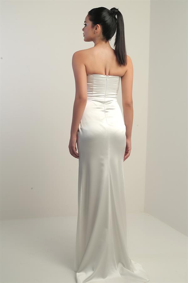 Women's Strapless Front Underwired Lined Satin Long Dress