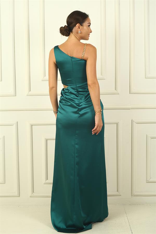 Tek Omuz Bel Dekolteli Zincirli Saten Abiye Elbise