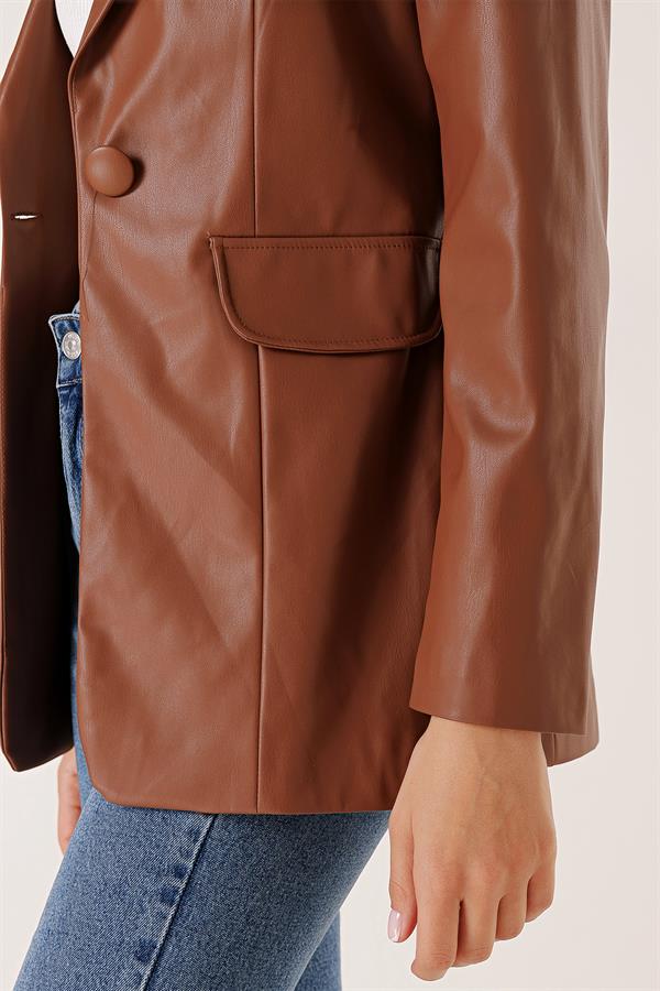 Tek Düğmeli Sahte Cepli Astarlı Deri Ceket