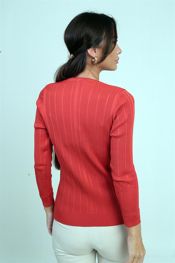 Kadın V Yaka Taş Baskı Detaylı Fitilli Triko Bluz