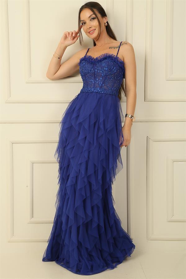 Robe bustier à bretelles perlées, doublure à franges et long tulle