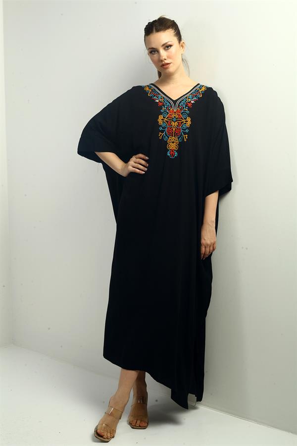 Robe longue oversize à col en V et poches brodées pour femme