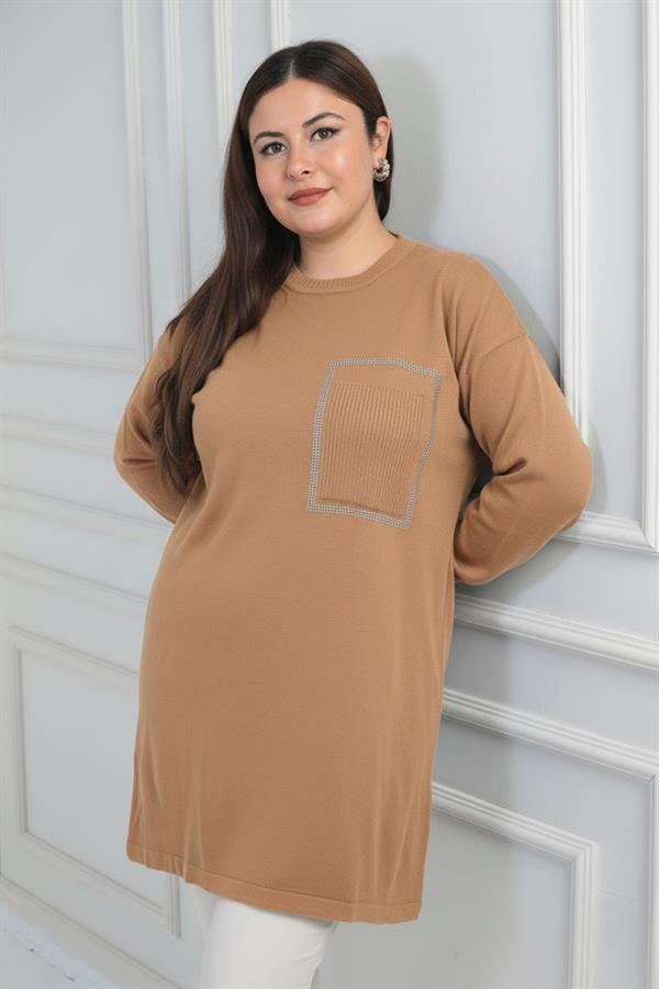 Kadın Önü Tek Cepli Taş Baskı Detaylı Büyük Beden TrikoTunik Bluz