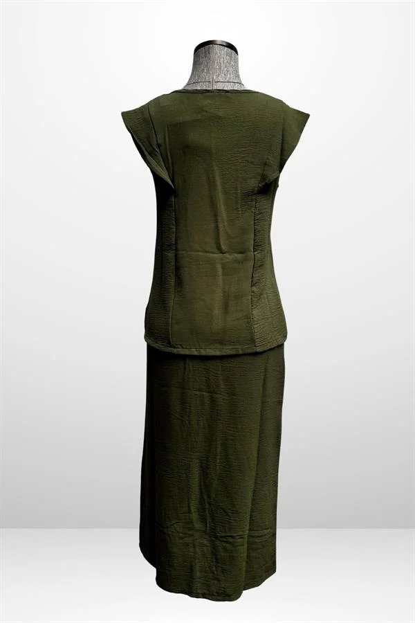 Kadın V Yaka Bluz Beli Lastikli Cepli Önü Yırtmaçlı Etek 2'li Takım