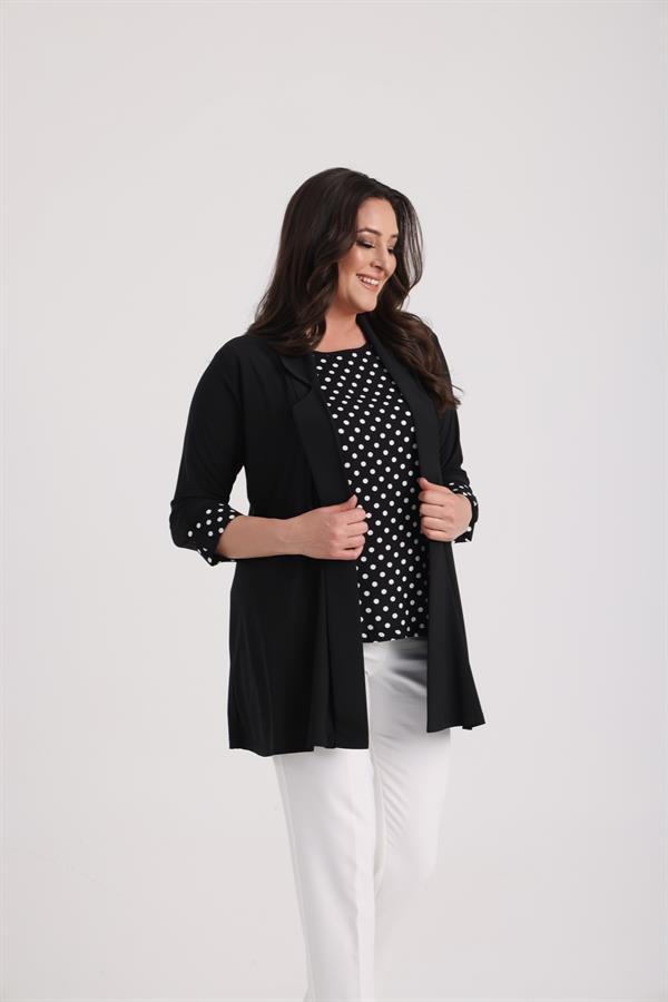 Sleeveless Polka Dot Blouse, Shawl Collar, Lycra Jacket, Plus Size Sandy 2-Piece Set