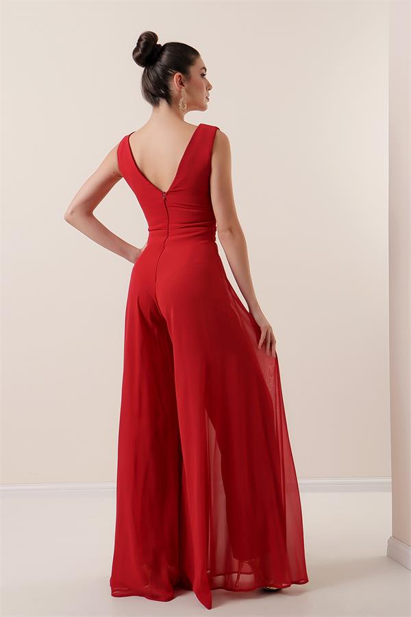 Waist-detailed, front and back V-neck, lined chiffon jumpsuit.