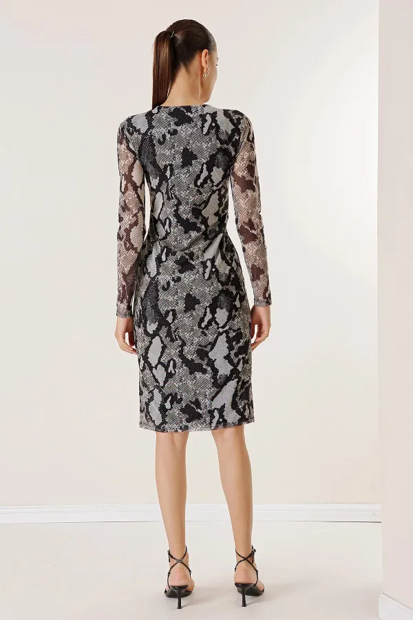 Lined Snakeskin Patterned Tulle Dress with Knot Detail on the Front
