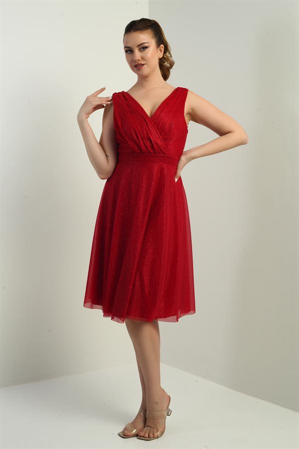 Women's Wrap Neckline Lined Flared Glittery Short Dress