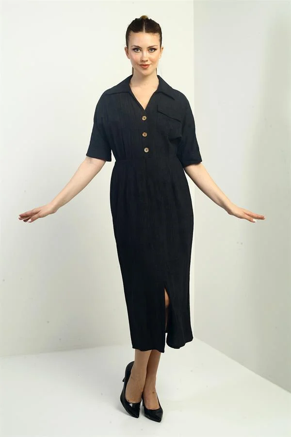 Women's Single Pocket Half-Buttoned Gradient Dress with Front Slit