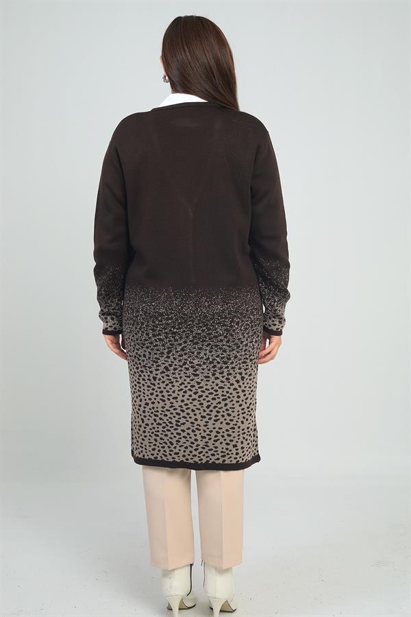 Kadın Cepli Leopar Karyağdı Desen Büyük Beden Triko Uzun Hırka