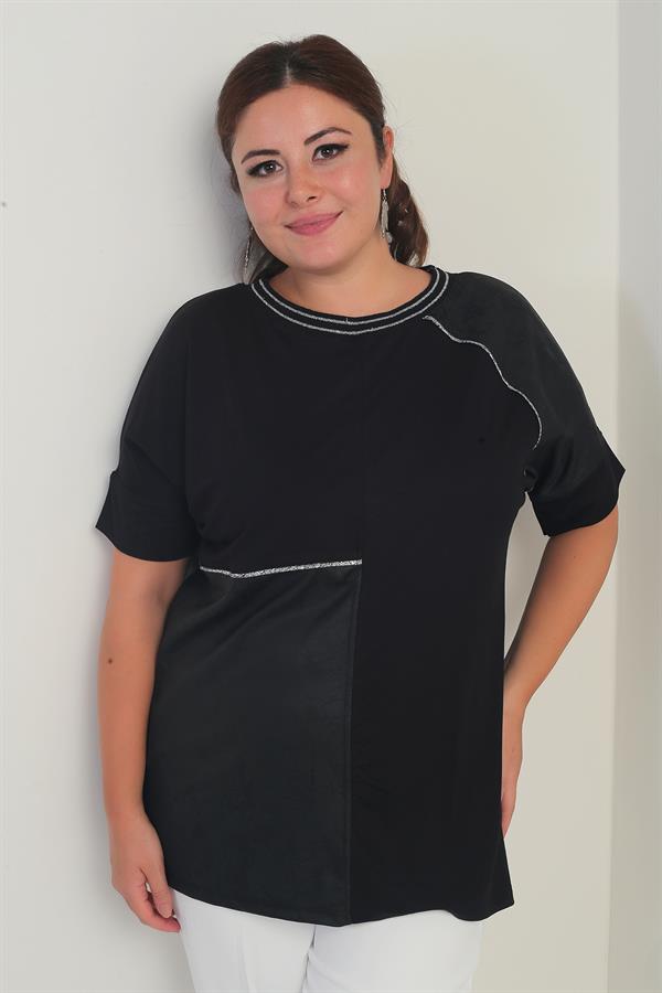 Kadın Deri Garnili Sim Detaylı Likralı Büyük Beden Bluz