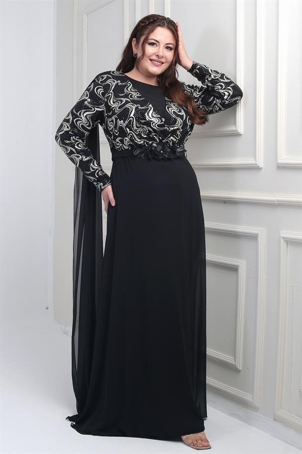 Kadın Kruvaze Yaka Görünümlü Pullu Astarlı Şifon Uzun B.B. Elbise