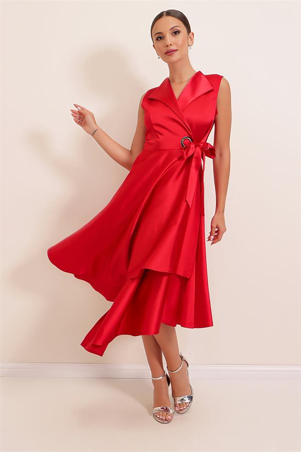 Wrap Neckline Lace-up Satin Dress
