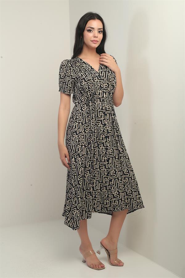 Women's V-Neck Waistband Button-Front Ethnic Pattern Midi Dress