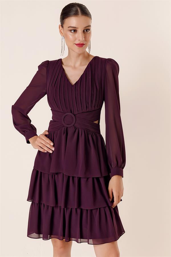 Şifon Gloplu Bel Ve Sırt Dekolteli Kat Kat Elbise