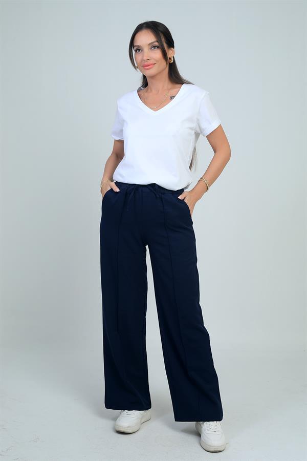 Pantalon palazzo pour femme avec taille élastique, cordon de serrage et poches latérales