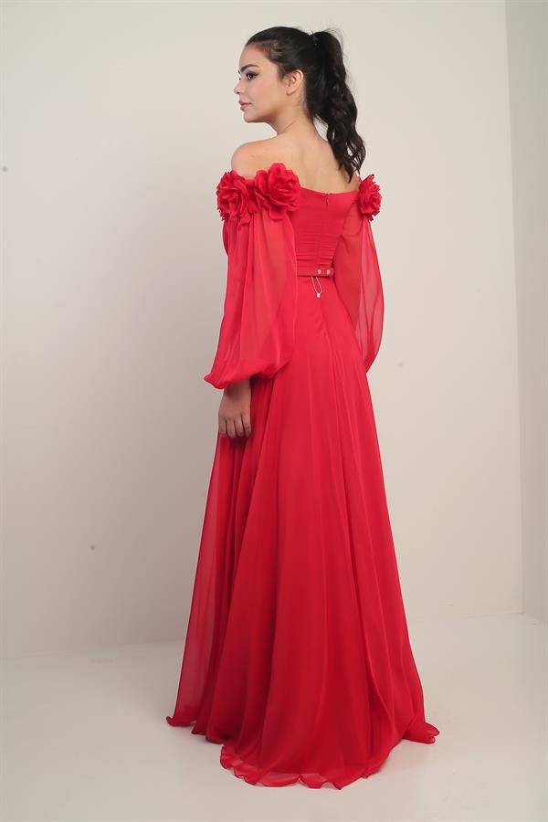 Women's Floral Madonna Neckline Belted Lined Chiffon Long Dress