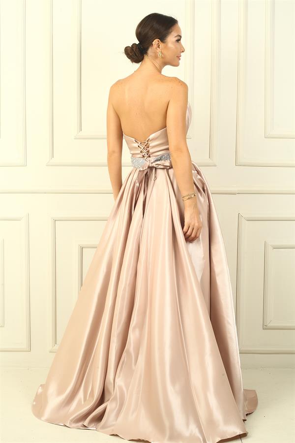 Women's Strapless Back Lace-Up Belted Embellished Lined Pleated Satin Full Circle Flared Dress