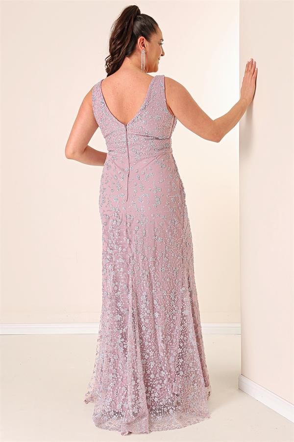Front and Back V-Neck Lined Embellished Plus Size Long Mermaid Dress