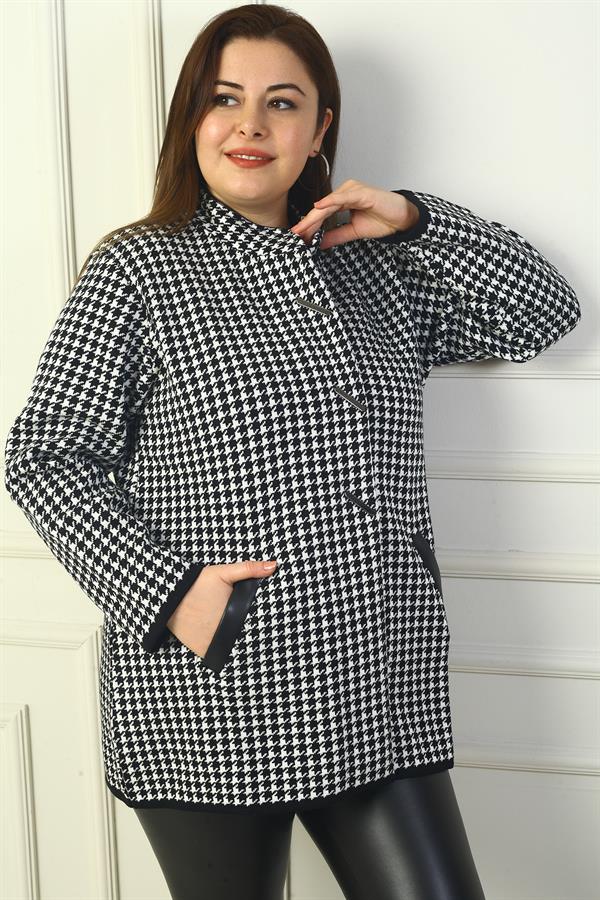 Women's Snap Front Pockets Leather Detail Houndstooth Plus Size Acrylic Cardigan