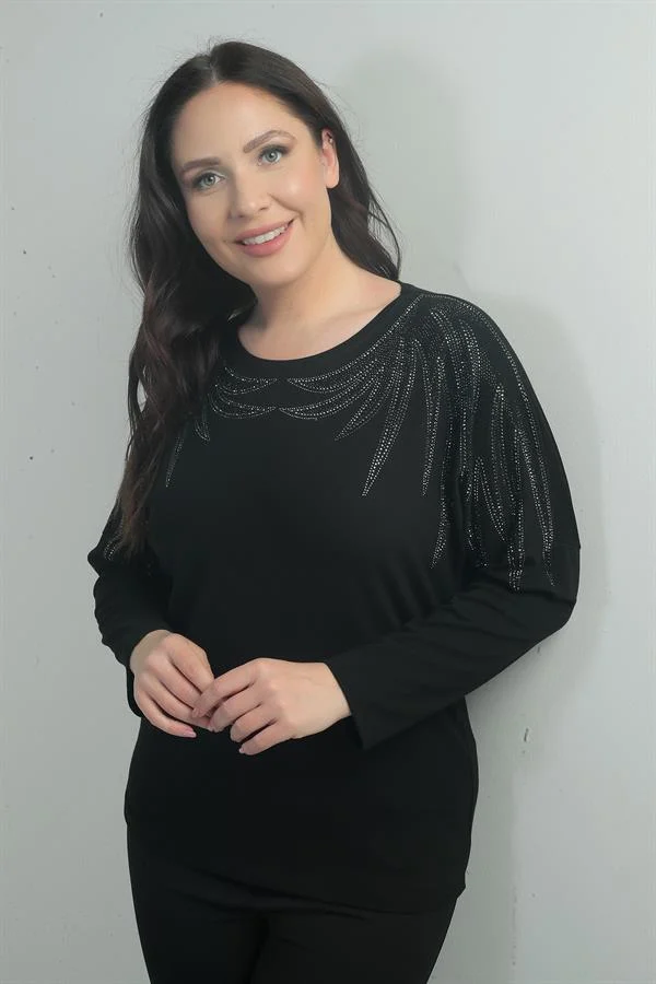 Kadın Taşlı Kanat Model Likralı Çilek Büyük Beden Bluz