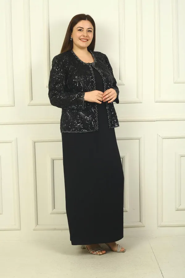 Ensemble 2 pièces pour femme, comprenant une veste en tulle ornée de sequins et de perles, une robe longue à manches demi-lune en crêpe doublée et un pantalon grande taille.