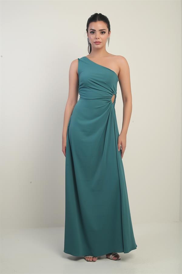 Kadın Tek Omuz Yan Pencere Detaylı Uzun Krep Saten Elbise