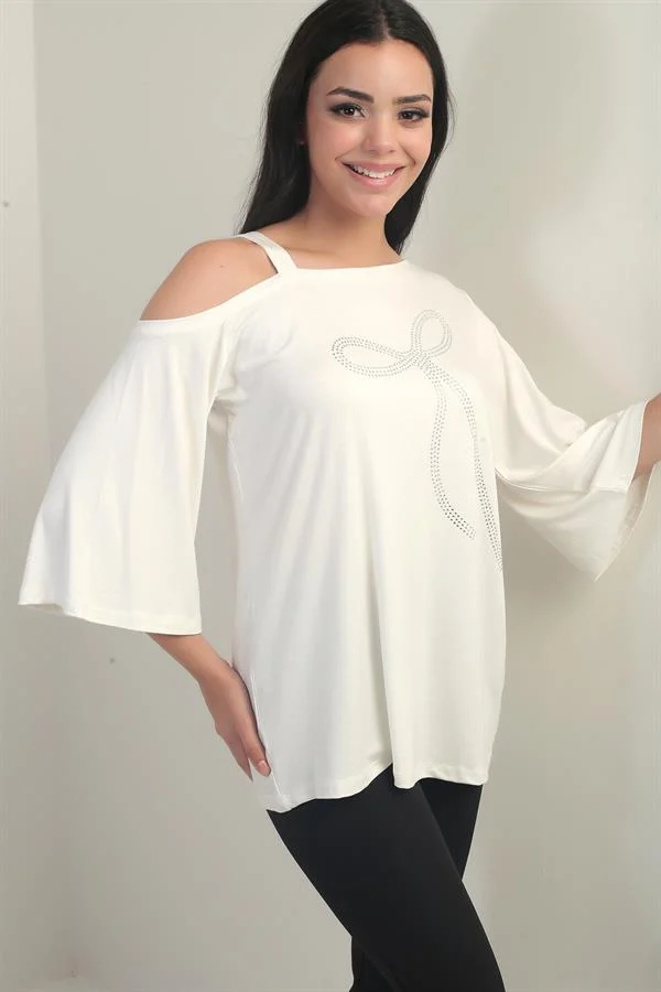 Women's One-Shoulder Blouse with Bow and Rhinestone Print, Lycra