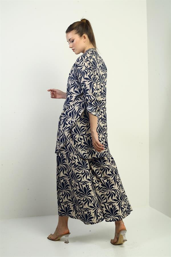 Kadın Yanları Yırtmaçlı Tunik Gömlek Beli lastikli Cepli Palazzo Pantolon Çiçek Desen Oversize 2'li Takım