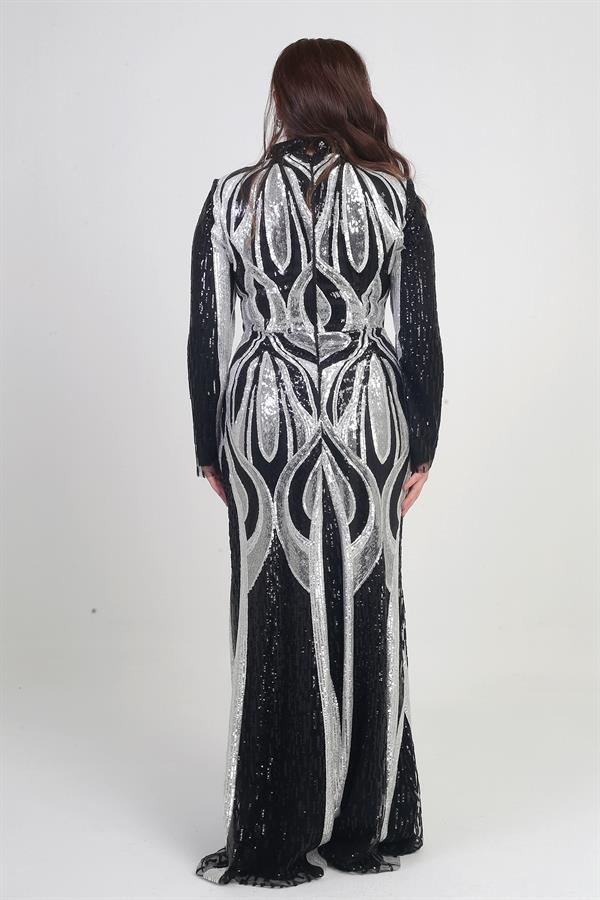 Women's High Neck Sequin Embellished Lined Plus Size Long Dress