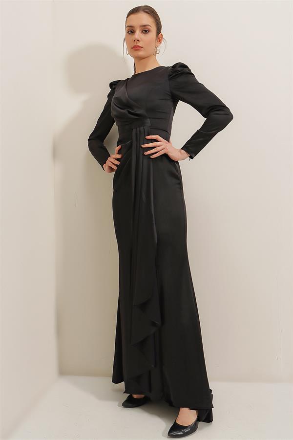 Long-sleeved satin dress with pleat detail at the front and lining.