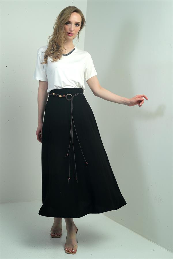 Women's Loose-Fitting Long Skirt with Linen Effect Trim and Waist Accessory