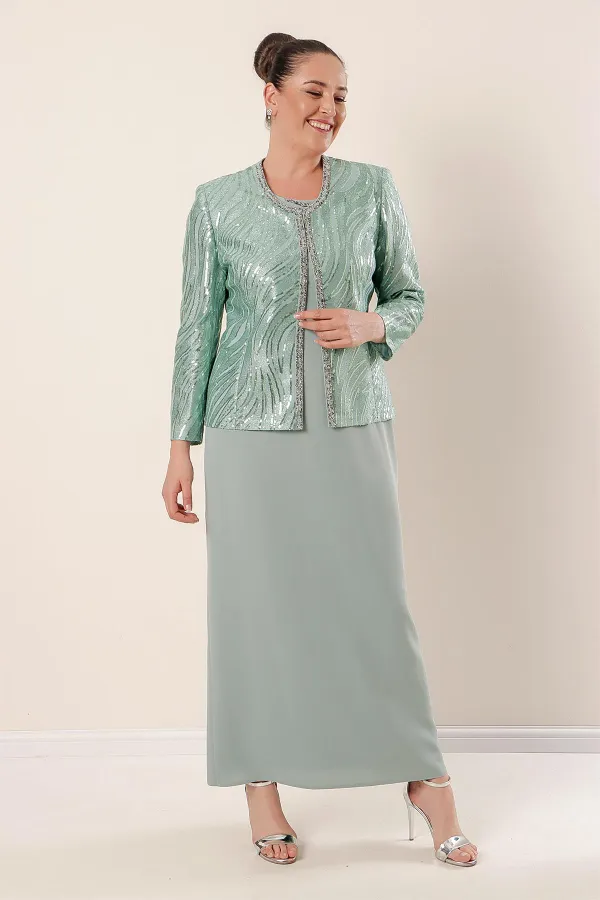 Veste à paillettes, manches demi-lune, robe en crêpe doublée, costume 2 pièces grande taille