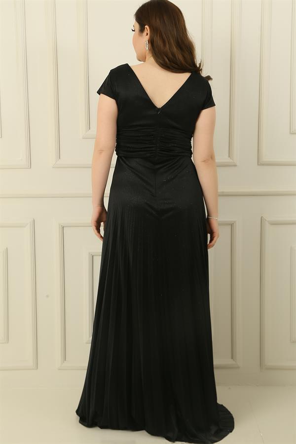 V Yaka Beli Ve Önü Drapeli Astarlı Piliseli Simli Uzun Krep Elbise