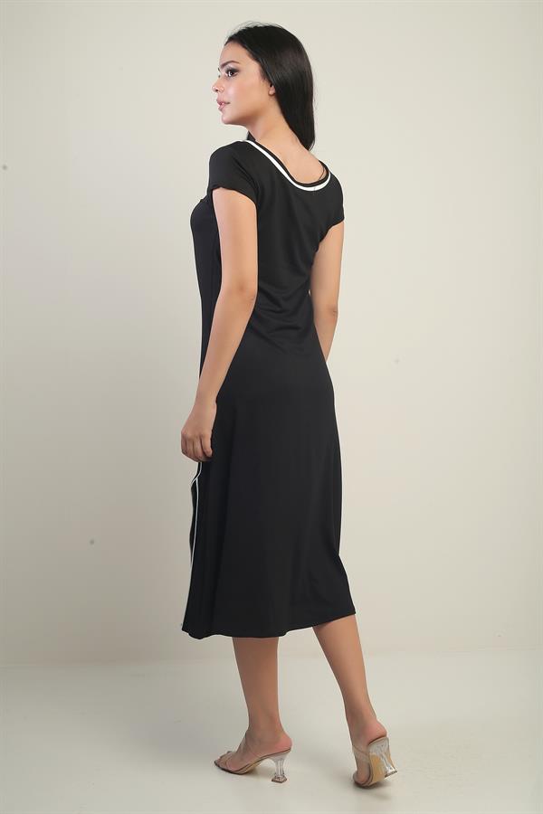 Kadın Madonna Yaka Biye Detaylı Yırtmaçlı Kristal Uzun Elbise